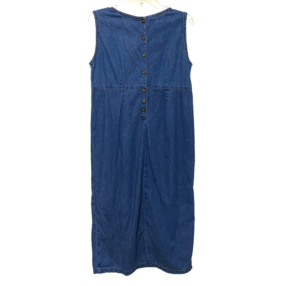 Jane Ashley‎ Petite Denim Jumper Maxi Dress PL Embroidered Y2K Faux Wrap Modest - Picture 4 of 6